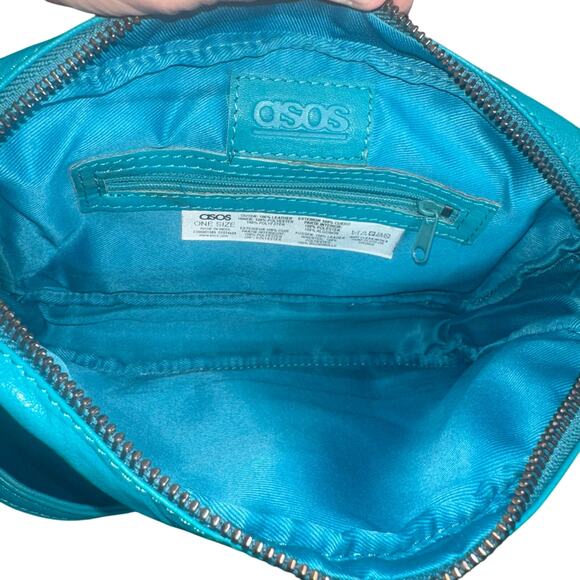 ASOS Turquoise Blue Woven Leather Crossbody Bag Gold Trim Adjustable Strap - Picture 6 of 10